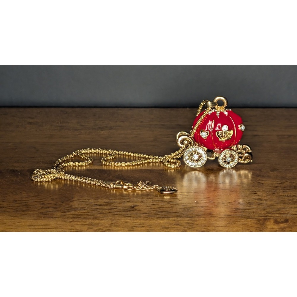 Betsey Johnson Cinderella Pumpkin Carriage Necklace Red Enamel Rhinestone Gold